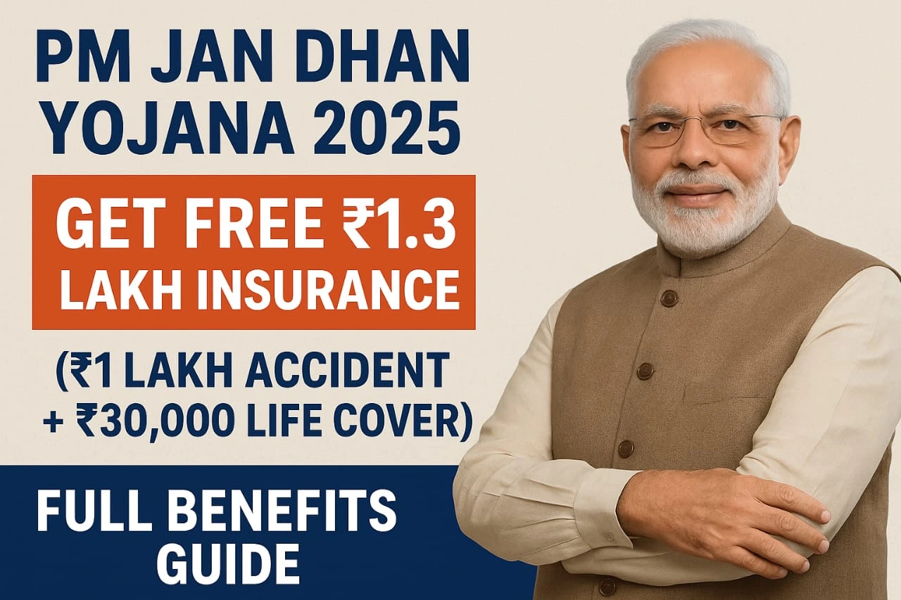 PM Jan Dhan Yojana 2025: Get Free ₹1.3 Lakh Insurance (₹1 Lakh Accident + ₹30,000 Life Cover) — Full Benefits Guide