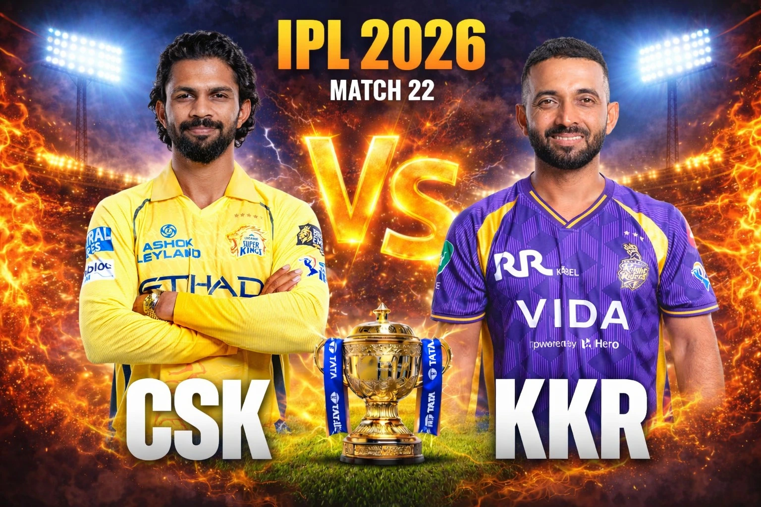 CSK vs KKR Live Score IPL 2026 Match 22: Playing 11, Toss Result & Ball-by-Ball Updates Today
