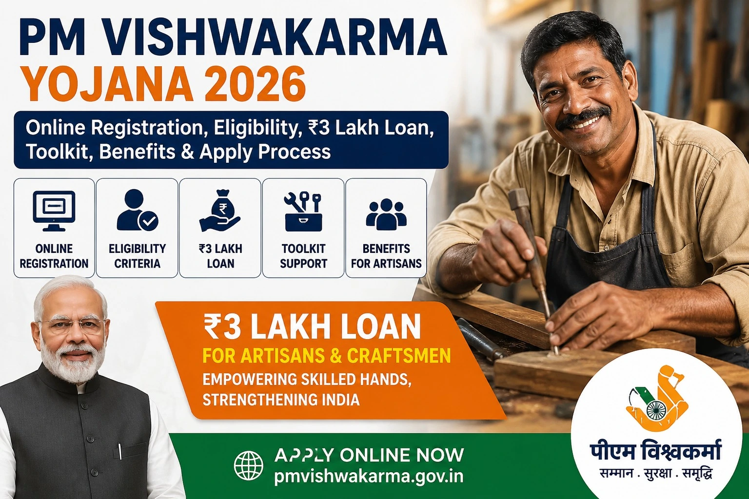 PM Vishwakarma Yojana 2026: Online Registration, Eligibility, ₹3 Lakh Loan, Toolkit, Benefits & Apply Process